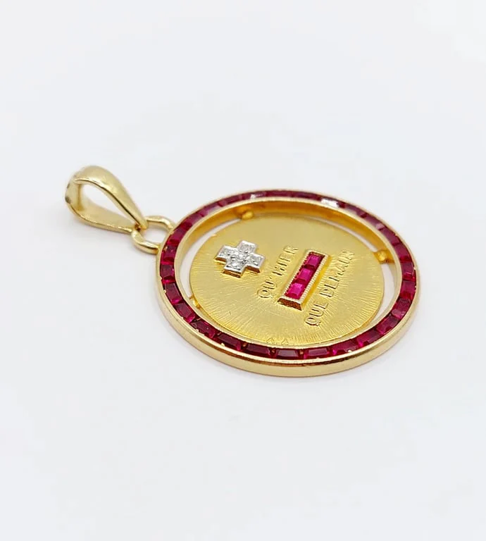 AUGIS - RARE Yellow Gold Love Medal Pendant Calibrated Diamonds and Rubies - Image 4