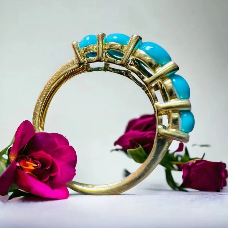 Yellow Gold Garter Ring, Turquoises Cabochons & Diamonds - Image 10