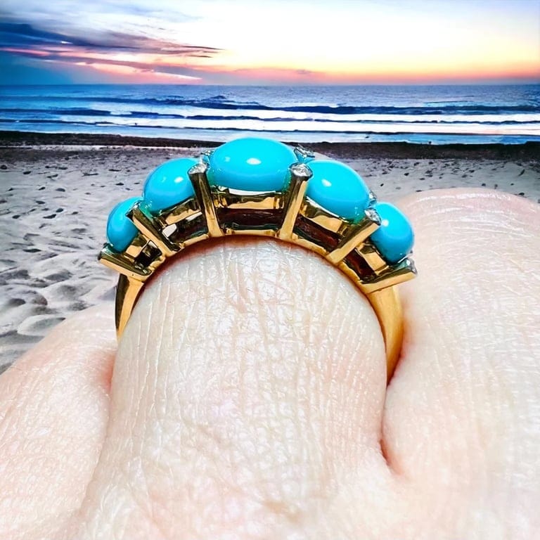 Yellow Gold Garter Ring, Turquoises Cabochons & Diamonds - Image 4