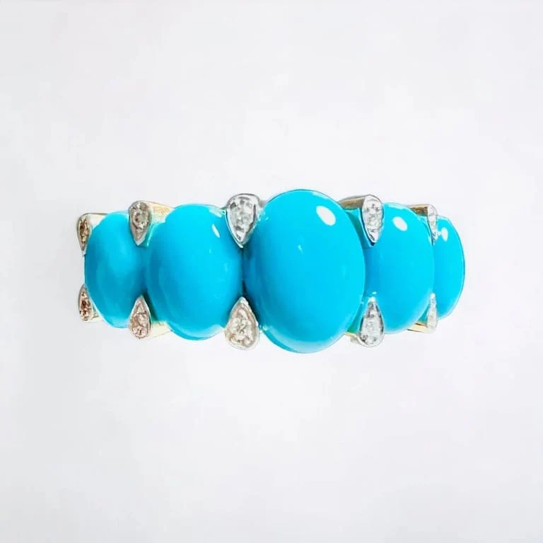 Yellow Gold Garter Ring, Turquoises Cabochons & Diamonds - Image 5
