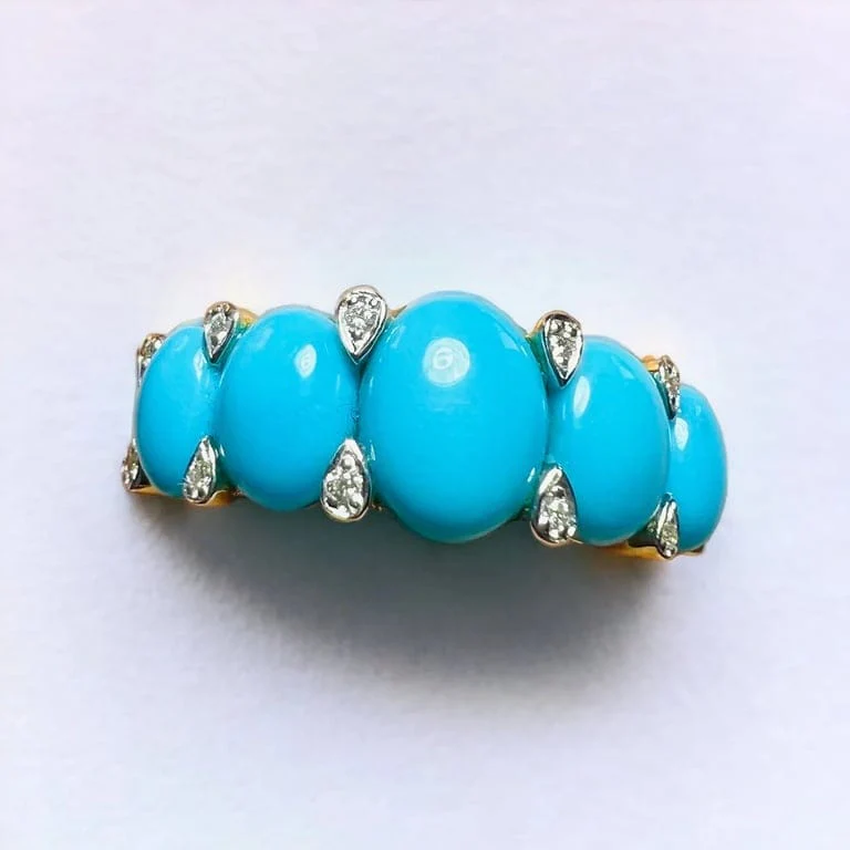 Yellow Gold Garter Ring, Turquoises Cabochons & Diamonds - Image 6