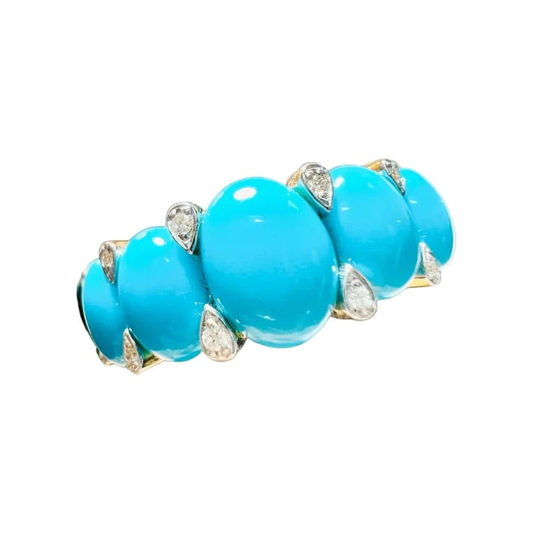 Yellow Gold Garter Ring, Turquoises Cabochons & Diamonds - Image 7