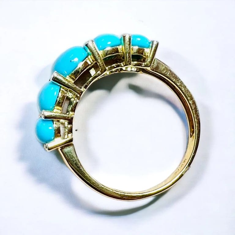 Yellow Gold Garter Ring, Turquoises Cabochons & Diamonds - Image 8
