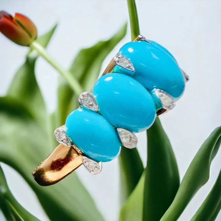 Yellow Gold Garter Ring, Turquoises Cabochons & Diamonds - Image 9