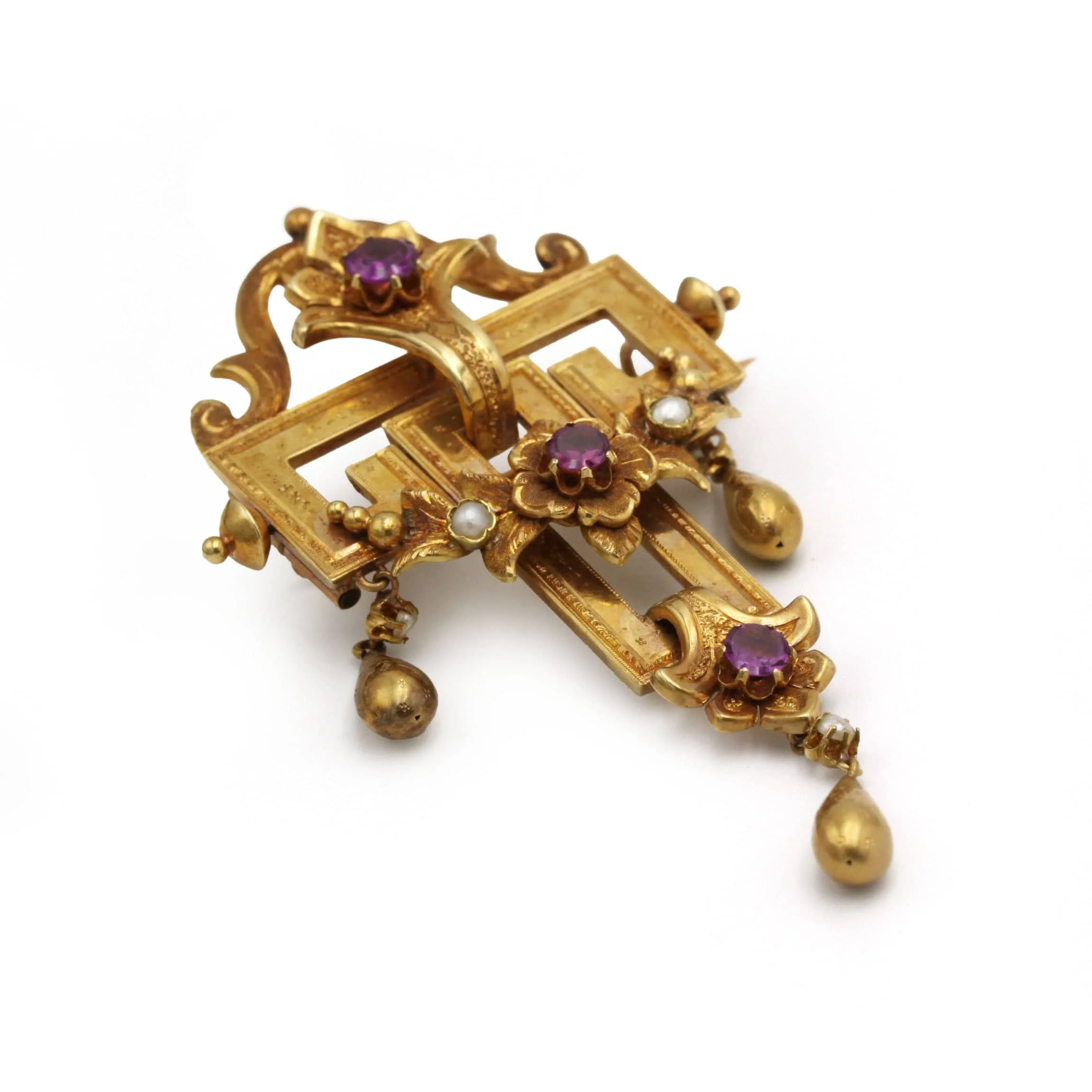 Napoleon III Brooch - Gold, Half-pearls & Rhodolite Garnets  - Image 4