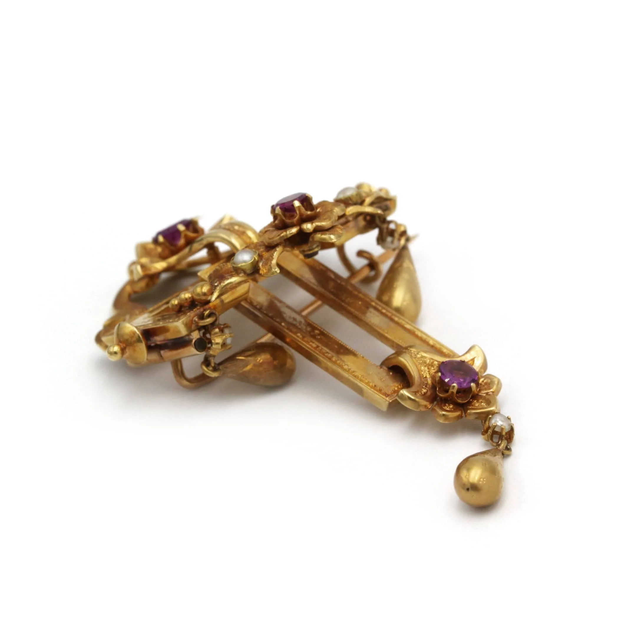 Napoleon III Brooch - Gold, Half-pearls & Rhodolite Garnets  - Image 5
