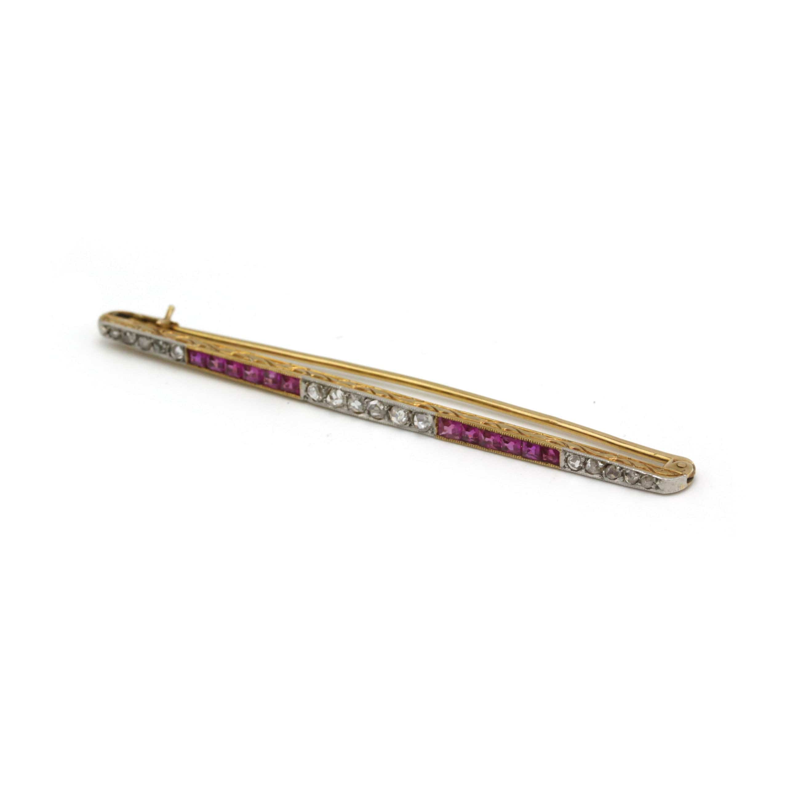 Barrette brooch - Yellow gold, platinum, Diamonds and Rubies  - Image 4