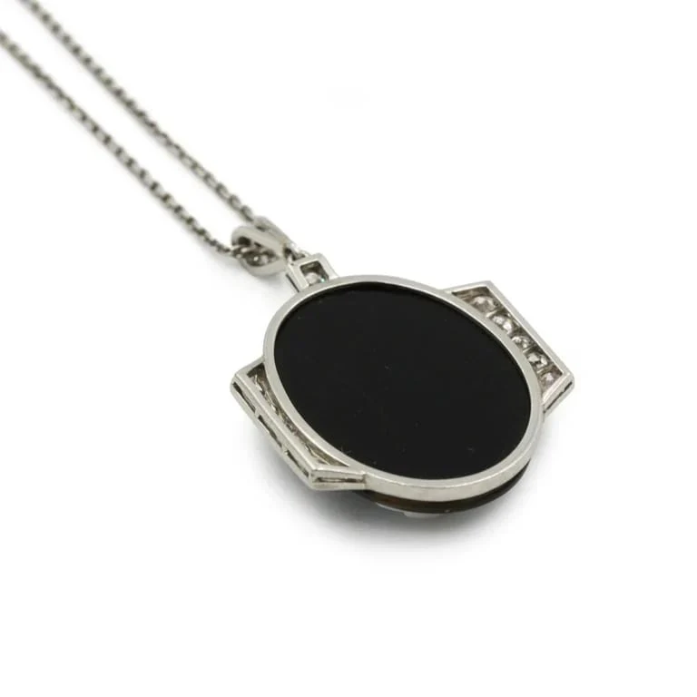 Pendant Necklace Art Deco - platinum, Diamonds & cameo Onyx  - Image 3