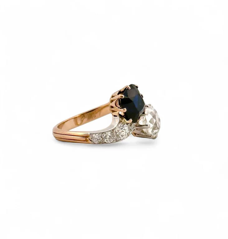Antique ring Toi & Moi with natural Siam sapphire and diamonds  - Image 5