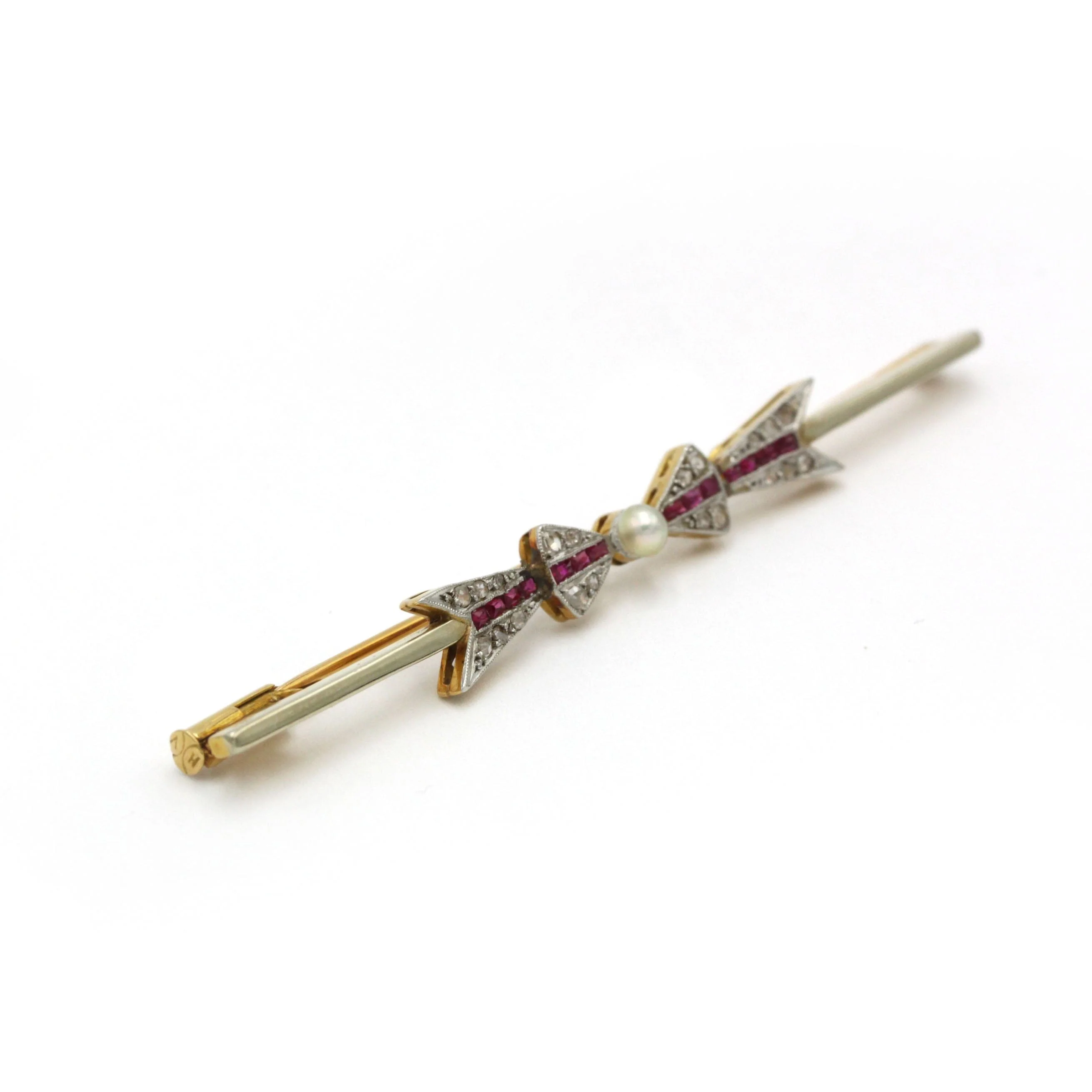 Brooch Art Deco Ribbon - Gold, platinum, Ruby, Pearl and Diamonds  - Image 4