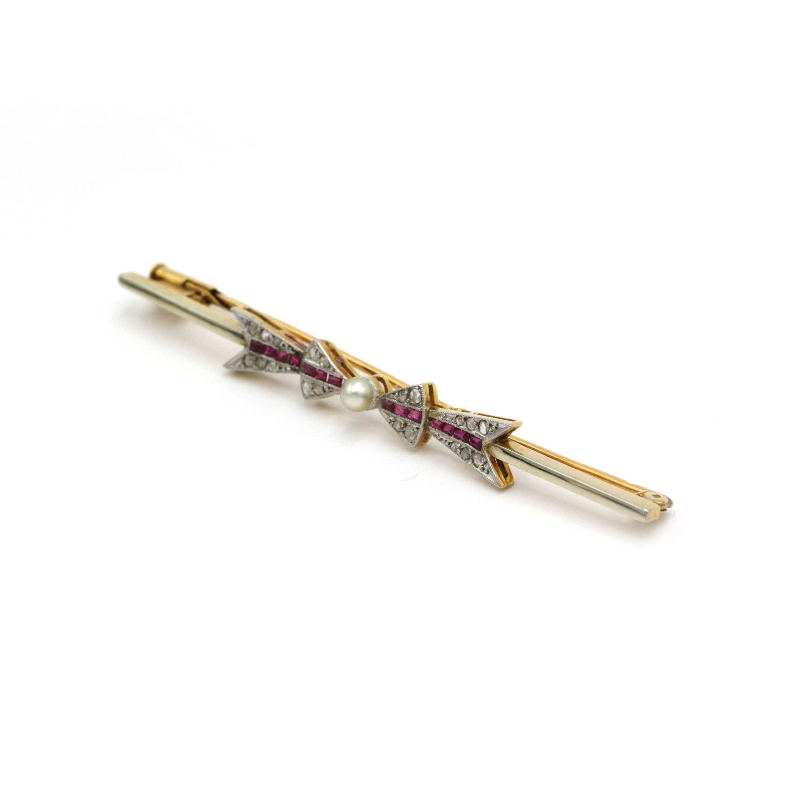 Brooch Art Deco Ribbon - Gold, platinum, Ruby, Pearl and Diamonds  - Image 5