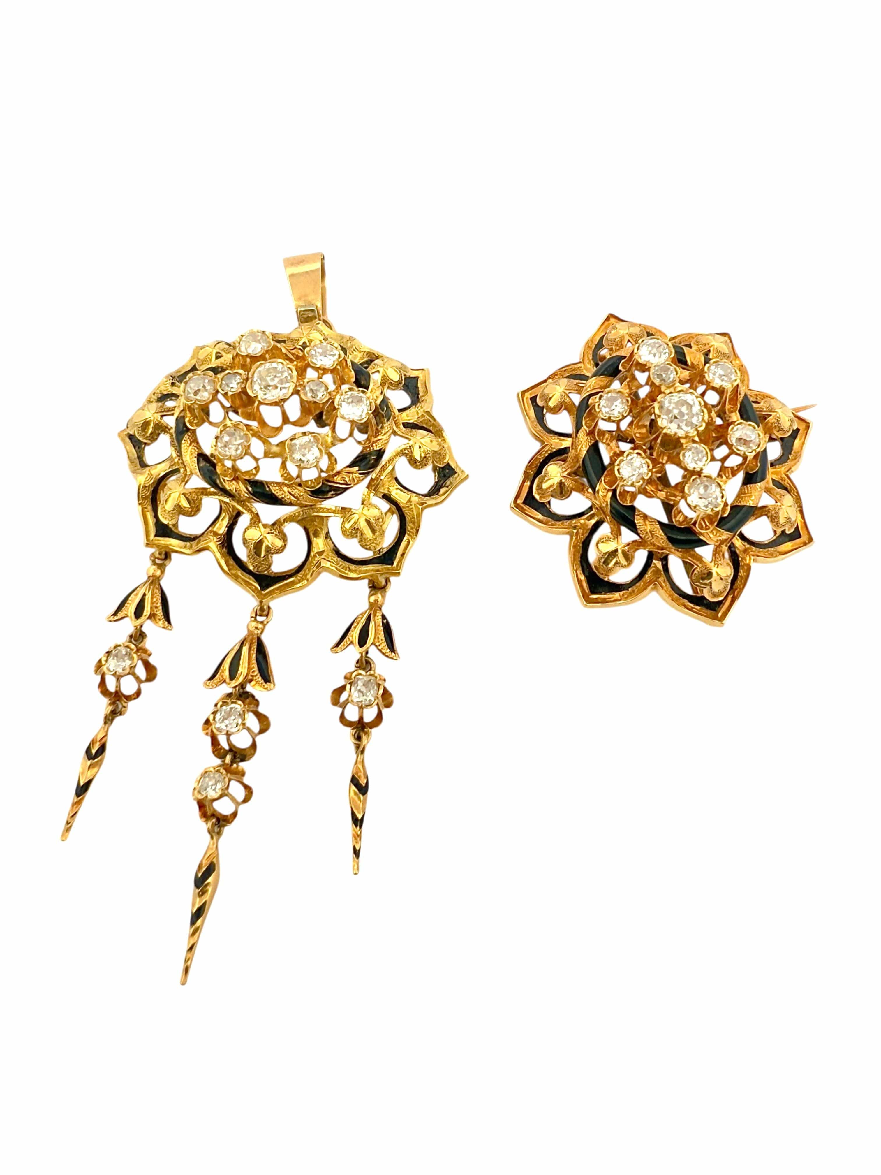 Exceptional transformable set 19th century – 18k gold, black enamel and old-cut diamonds  - Image 3