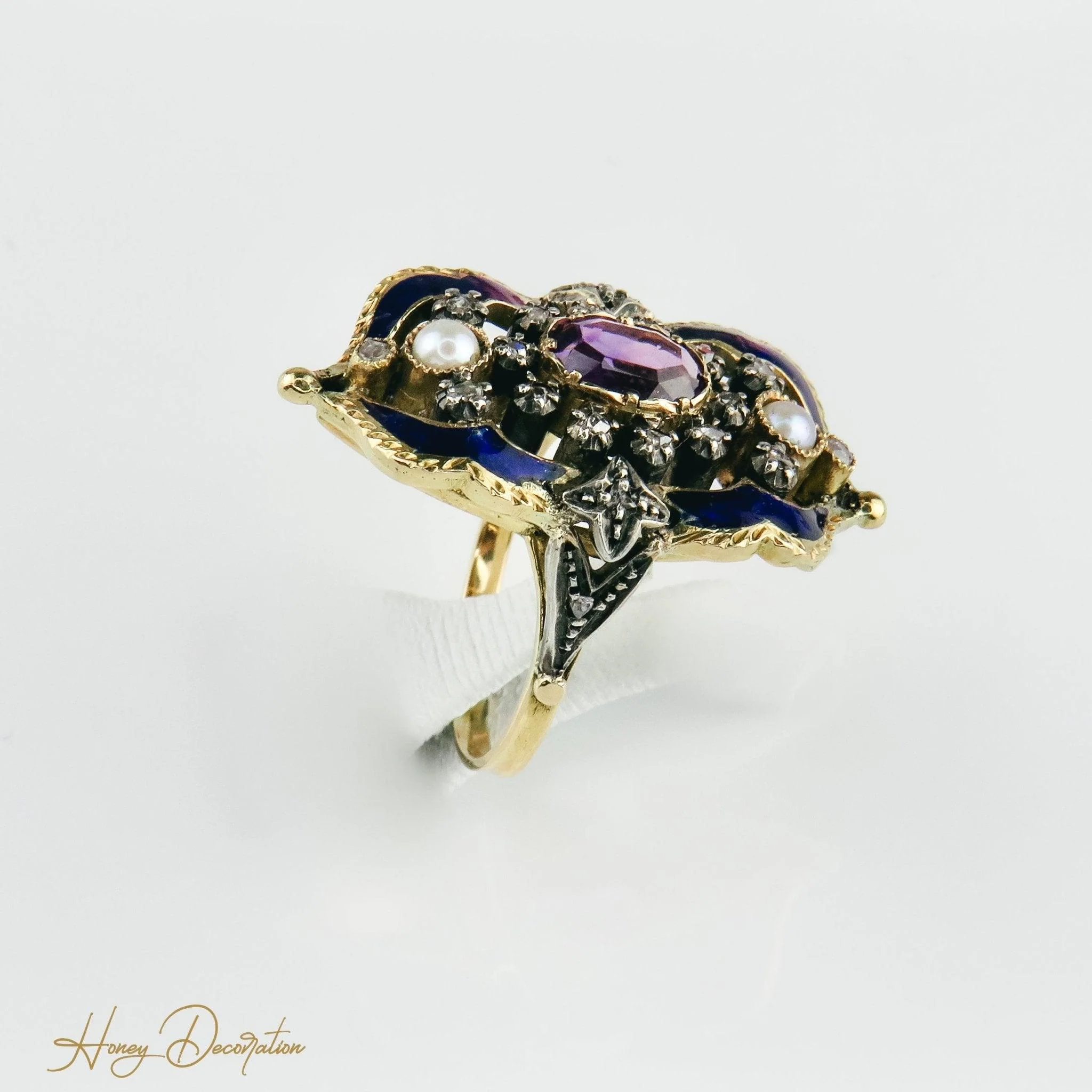 Art Nouveau ring enameled in 18K gold and white gold, diamonds and amethyst  - Image 4