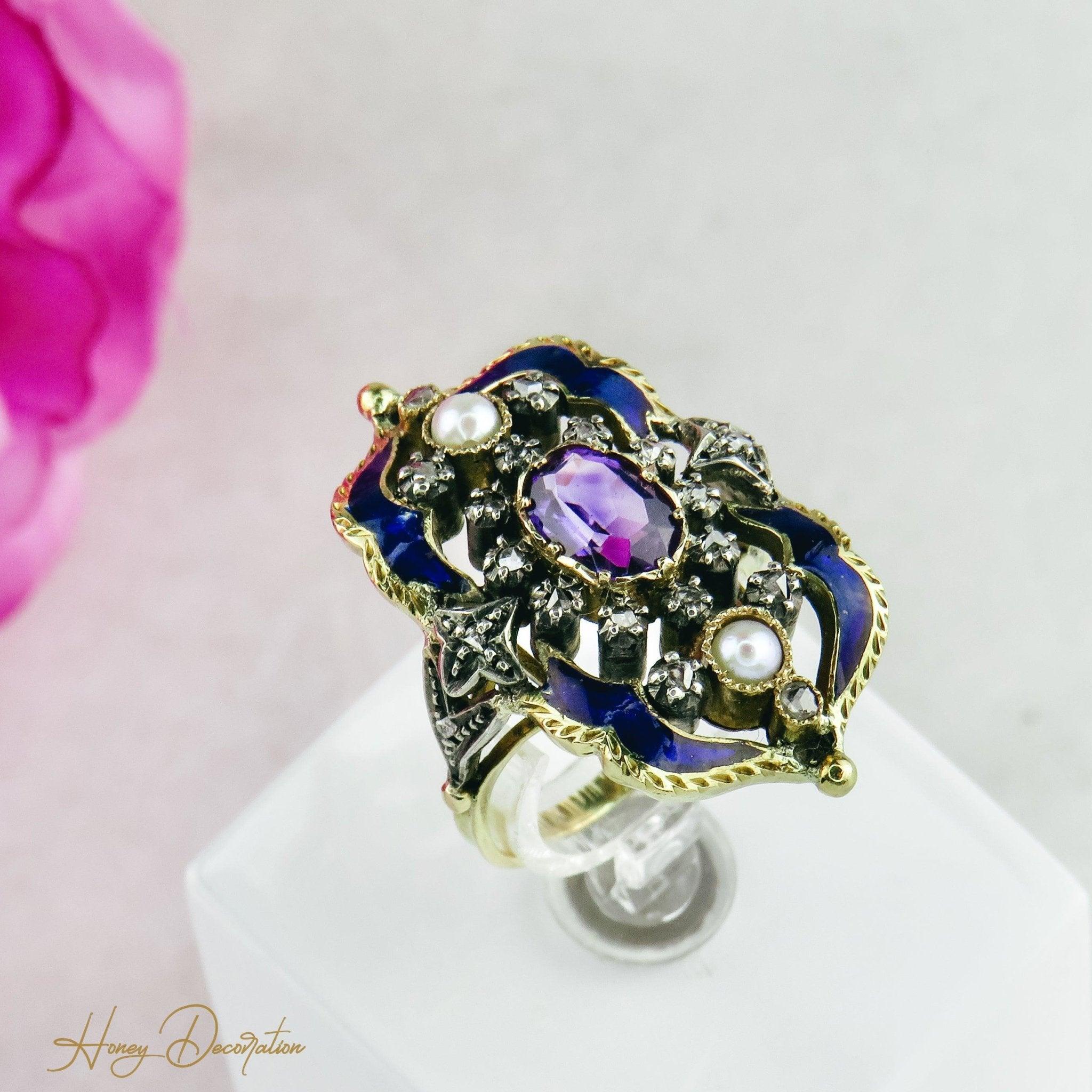 Art Nouveau ring enameled in 18K gold and white gold, diamonds and amethyst  - Image 5