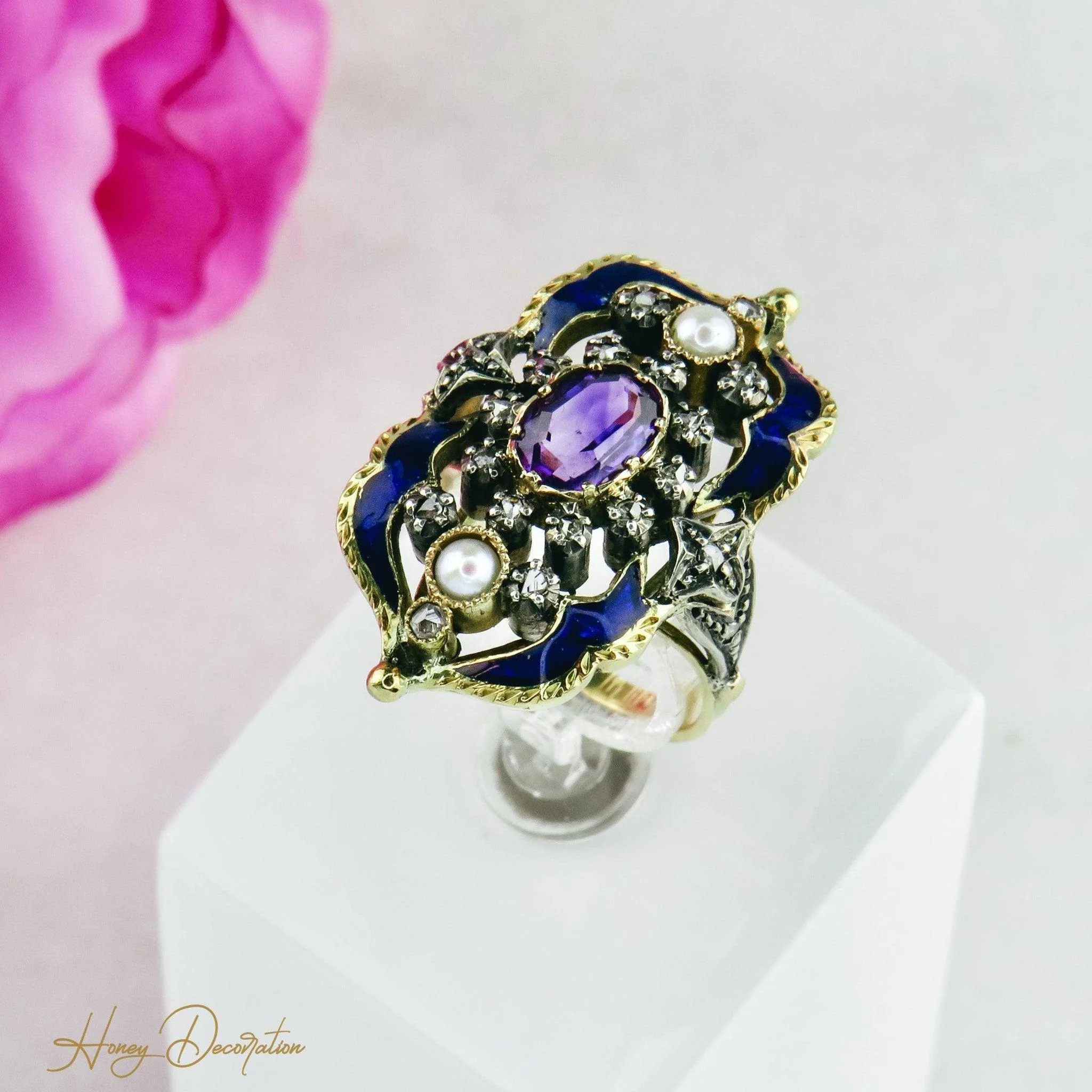 Art Nouveau ring enameled in 18K gold and white gold, diamonds and amethyst  - Image 6
