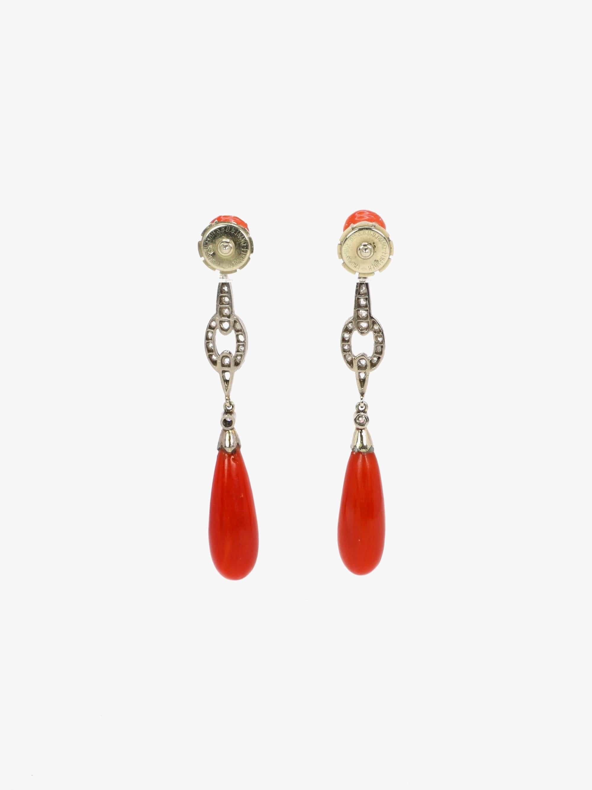 Art Deco Red Coral Rose Cut Diamond Drop Earrings - Image 3