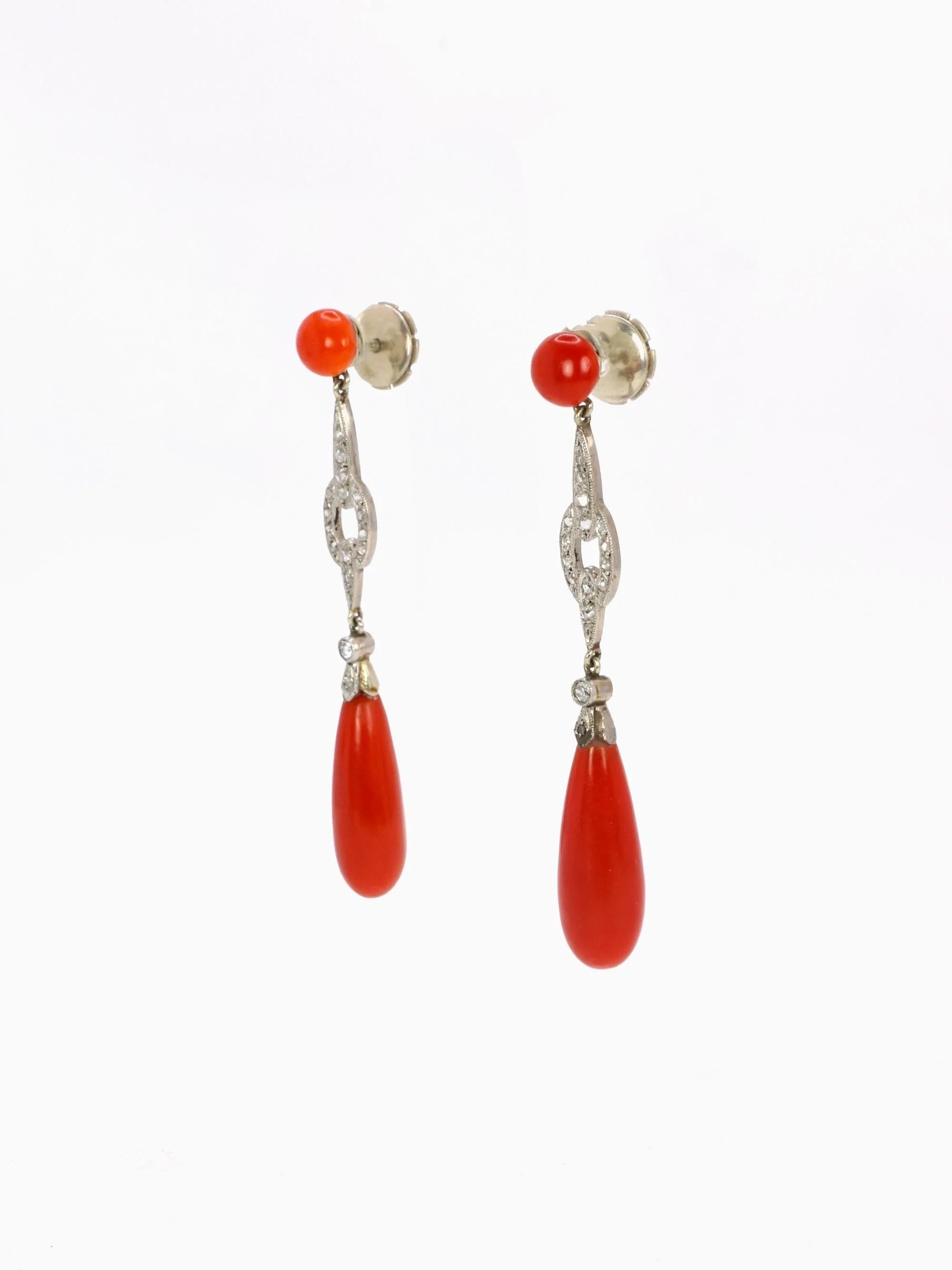 Art Deco Red Coral Rose Cut Diamond Drop Earrings - Image 4