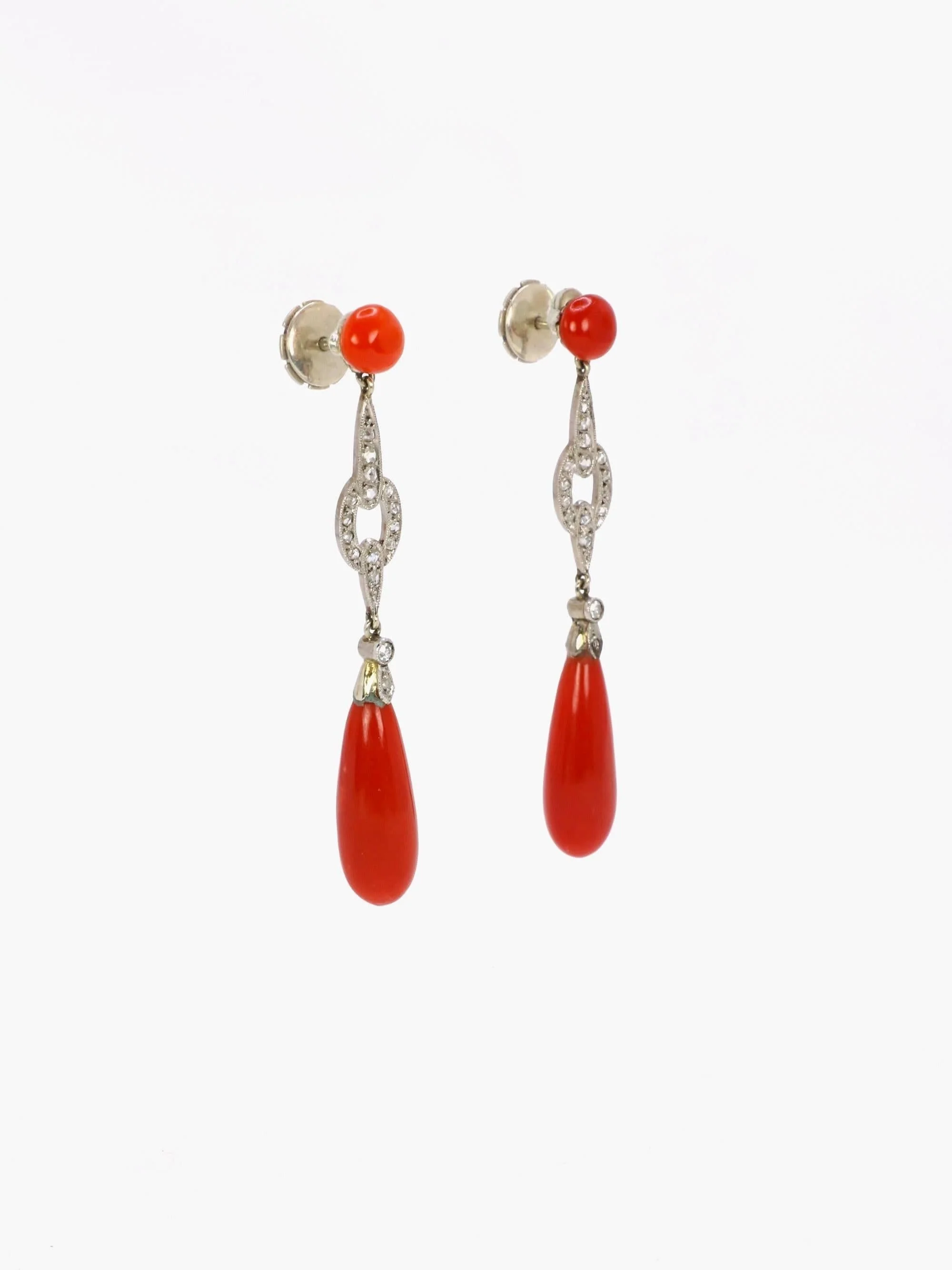 Art Deco Red Coral Rose Cut Diamond Drop Earrings - Image 5