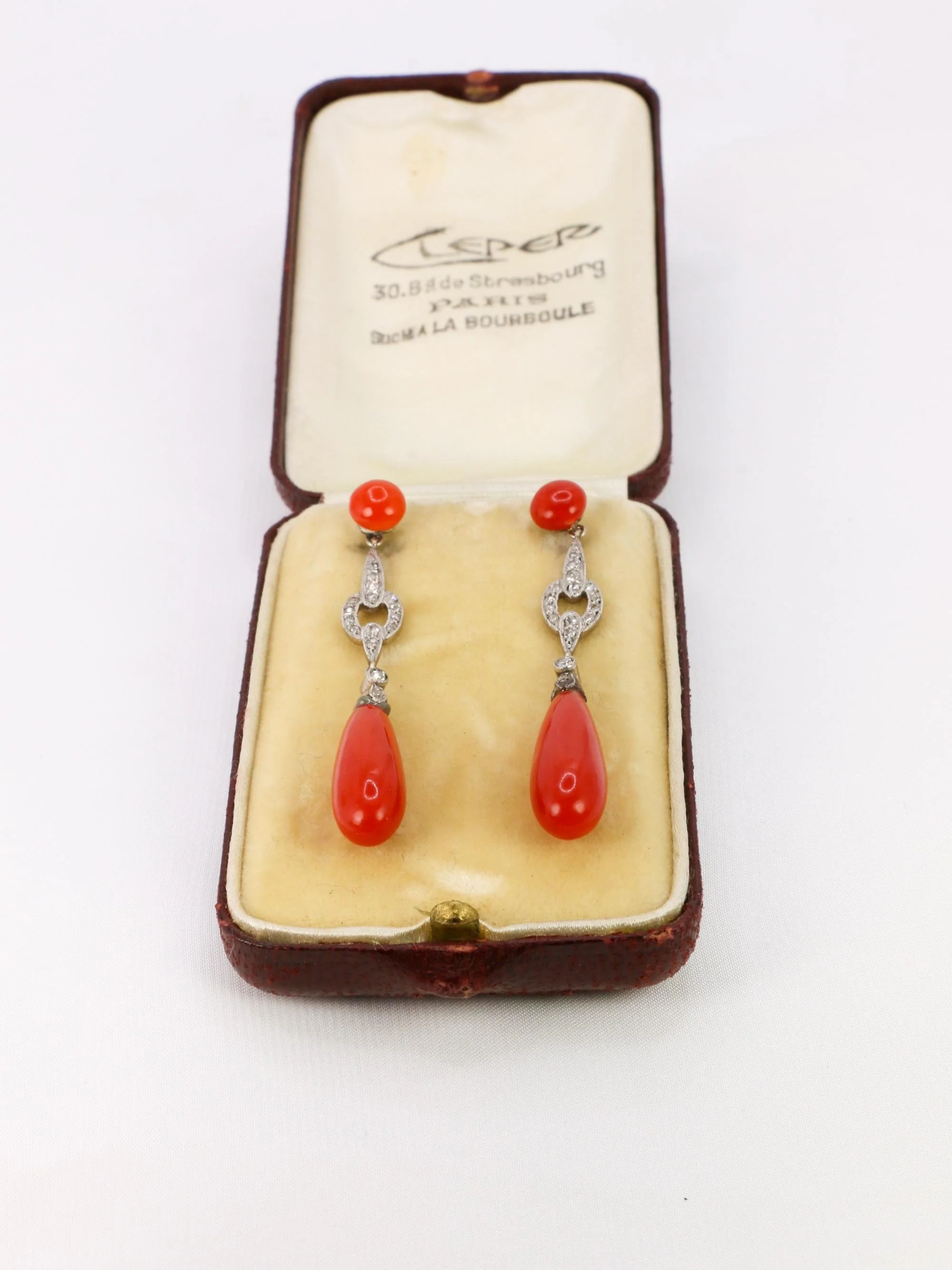 Art Deco Red Coral Rose Cut Diamond Drop Earrings - Image 6