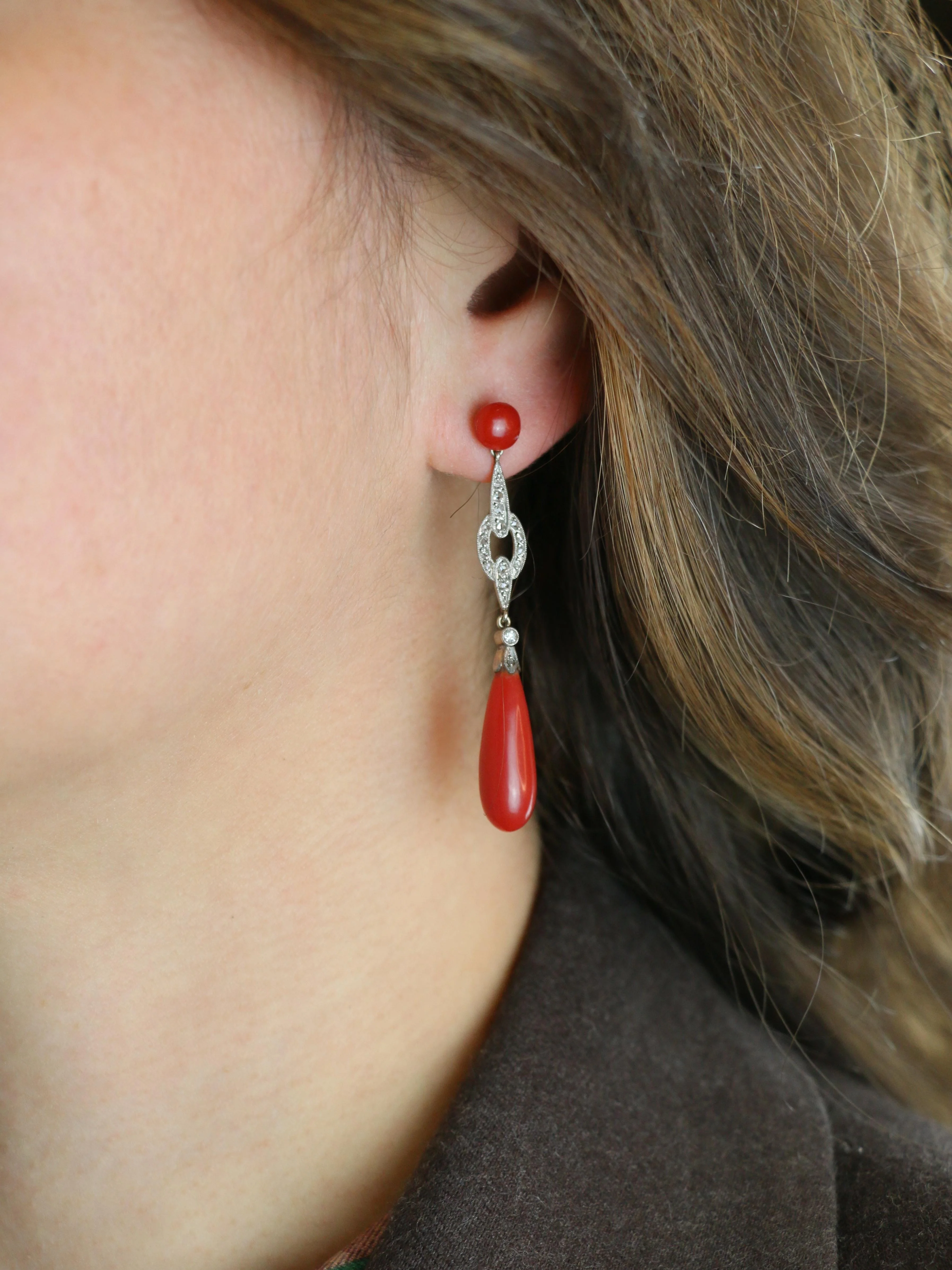 Art Deco Red Coral Rose Cut Diamond Drop Earrings - Image 7