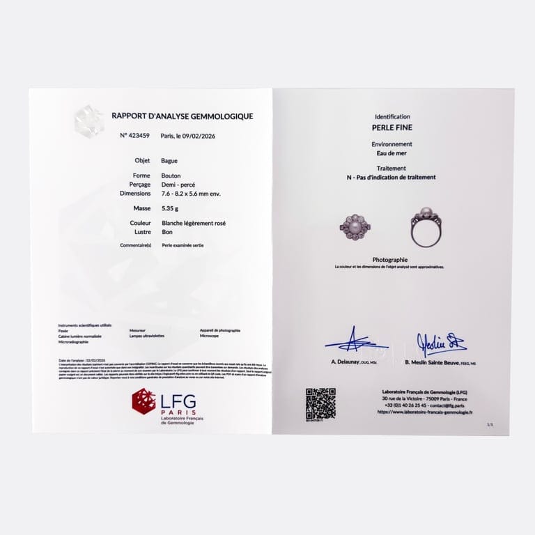 Rare Ring Daisy in platinum, fine pearl and diamonds  - Image 7